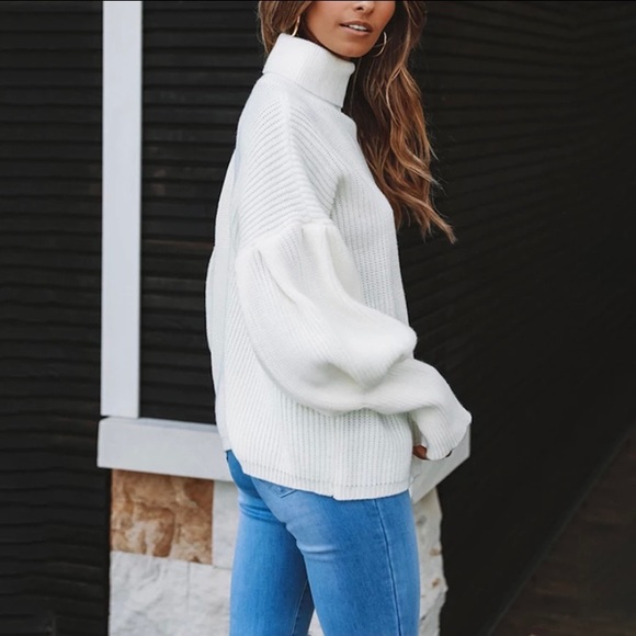 Chic White Knit Lantern Sleeve Turtleneck Sweater - Picture 3 of 5